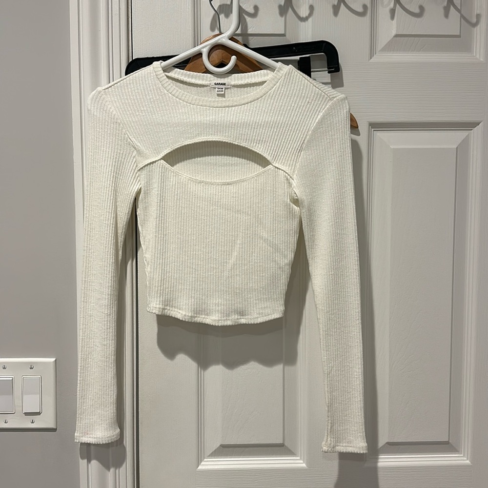 Garage White Ribbed Long Sleeve Top With Cutout